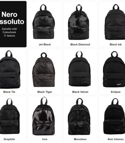 Zainetto Colourbook Nero Assoluto: tutte e 11 le texture, da Jet Black a Noir Intenso